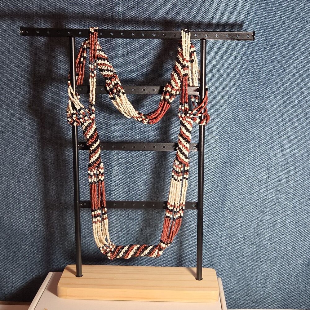 Multi-Strand Seed Bead Twisted Necklace Red Black Boho EUC